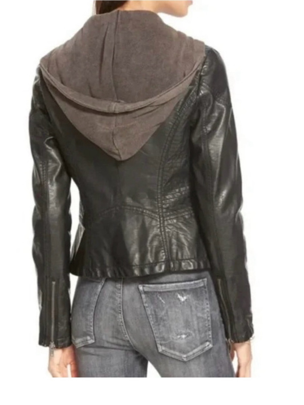 Free People Black Faux Leather Jacket with Gray Hood - Picture 3 of 10